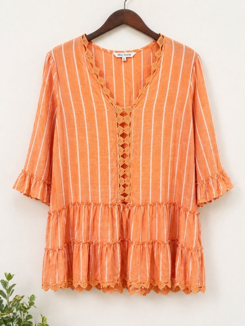 Blue Island Orange Boho Blouse Striped Crochet Lace Peplum Top Size M - Picture 5 of 10